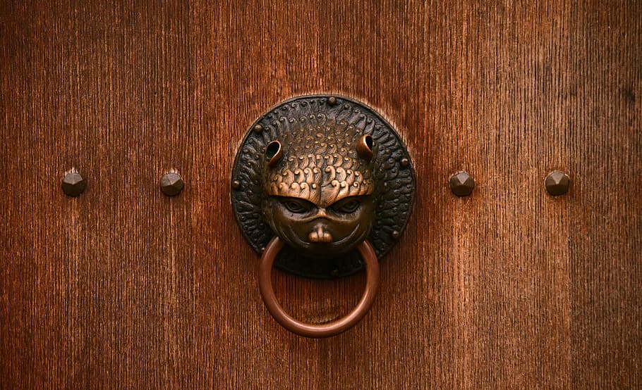 gray, steel door knocker, door, close, old door, old, input, wood, ornament, doorknocker