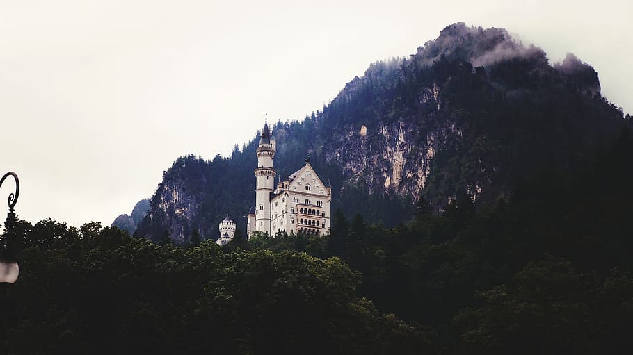 neuschwanstein, castelo, alemanha, arquitetura, montanhas, árvores, árvore, estrutura construída, exterior do edifício, planta