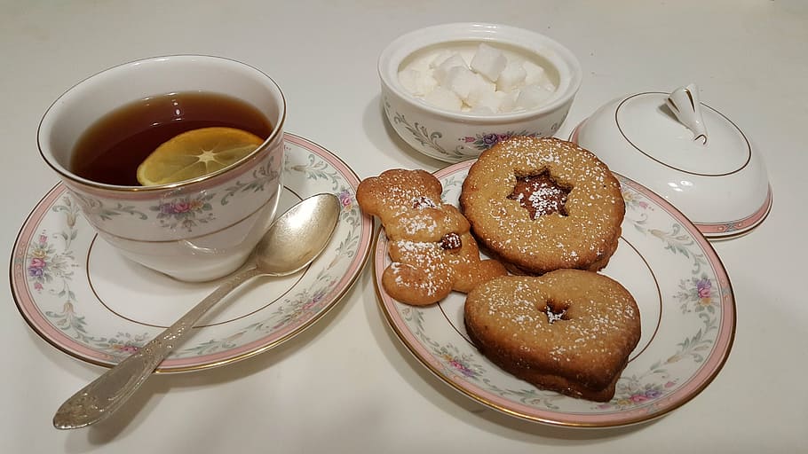 tea, pastry, served, saucer, cup, lintserskoe cookies, tasty, sweets, cooking, bright