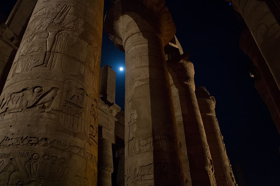 kolom, mesir, karnak, malam hari, bulan, luxor, kuno, peradaban, hieroglif, barang antik