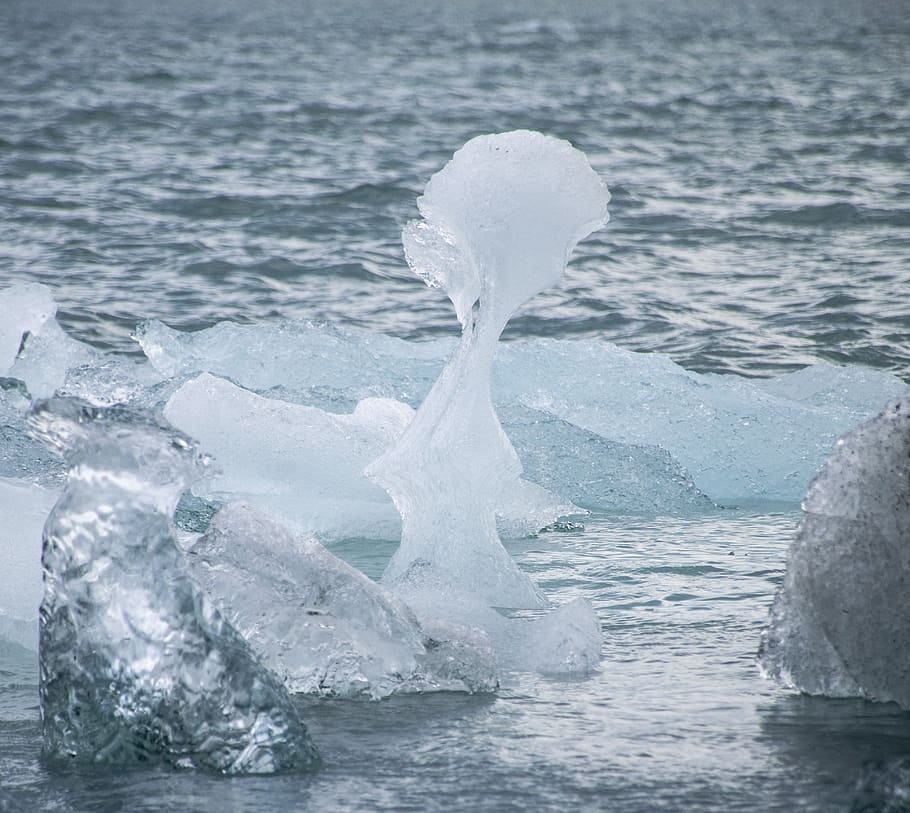 Islandia, jokulsarlon, laguna glasial, bentuk es yang aneh, wanita es, sisi danau, air, laut, Es, alam