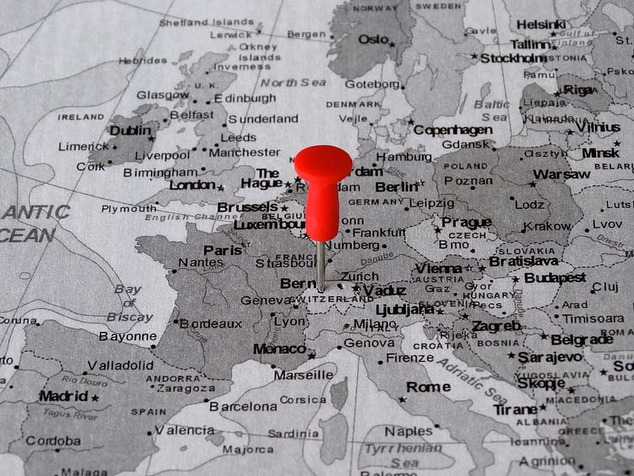 Atlas, Map, Bern, Pin, Meeting Point, destination, capital, red, full frame, close-up
