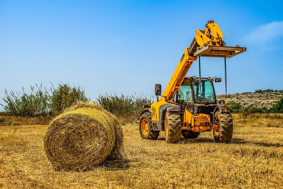 heavy machine, yellow, bulldozer, vehicle, bale, farm, agriculture, machinery, loader, rural scene