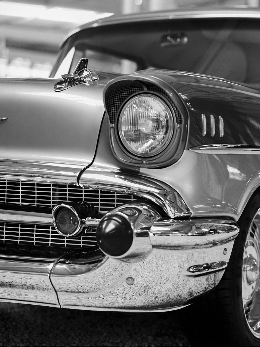 grayscale photo, classic, car, sheavy, bel air, old, retro, vintage, luxury, chrome