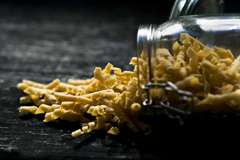 yellow, pasta, clear, glass container photography, in clear, glass container, photography, food, food And Drink, snack