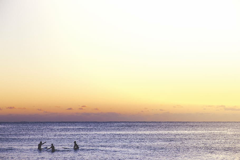 three, person, swimming, sea, persons, sunset, dusk, sky, ocean, water