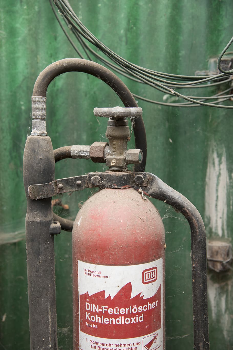fire extinguisher, red, old, rusted, rust, spider webs, db, metal, safety, security