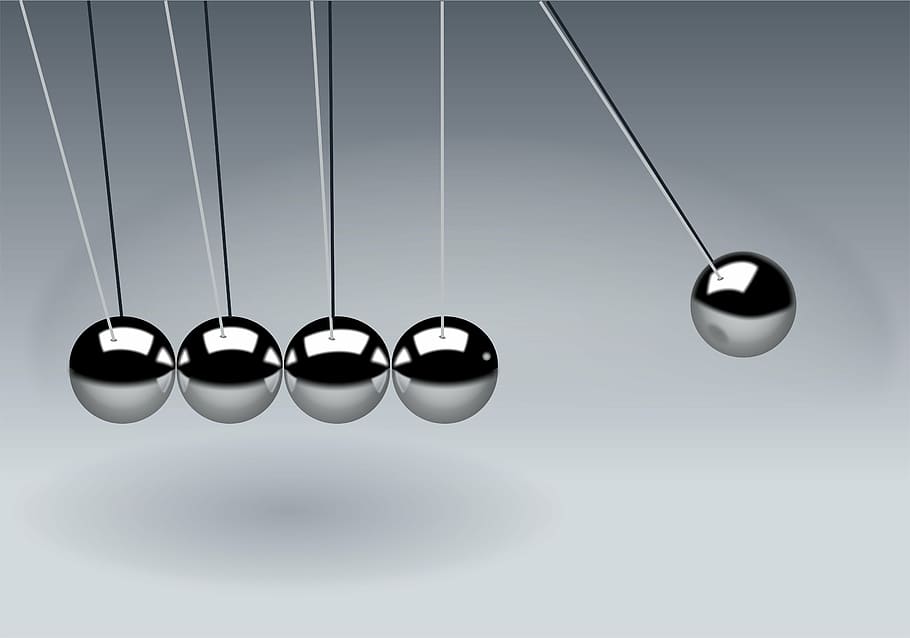 round, gray, hanging, decor, newton's cradle, balls, sphere, action, reaction, illustration