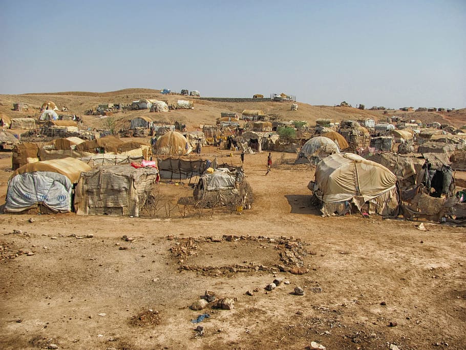 white, brown, tens, Eritrea, Landscape, Tents, Huts, refugee camp, somalis, people
