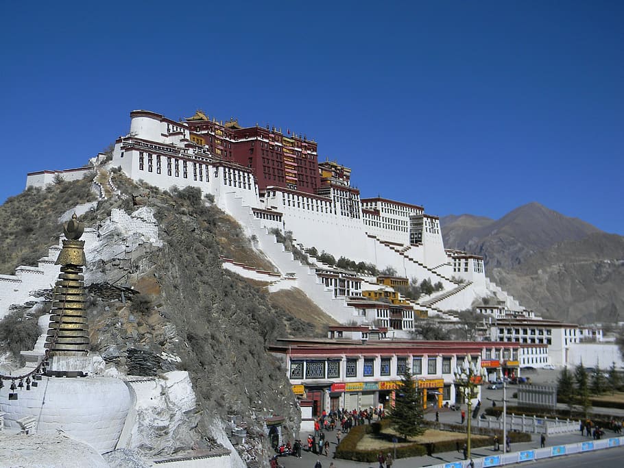 Pariwisata, Lhasa, Pemandangan, istana potala, eksterior bangunan, biru, luar ruangan, arsitektur, struktur yang dibangun, hari