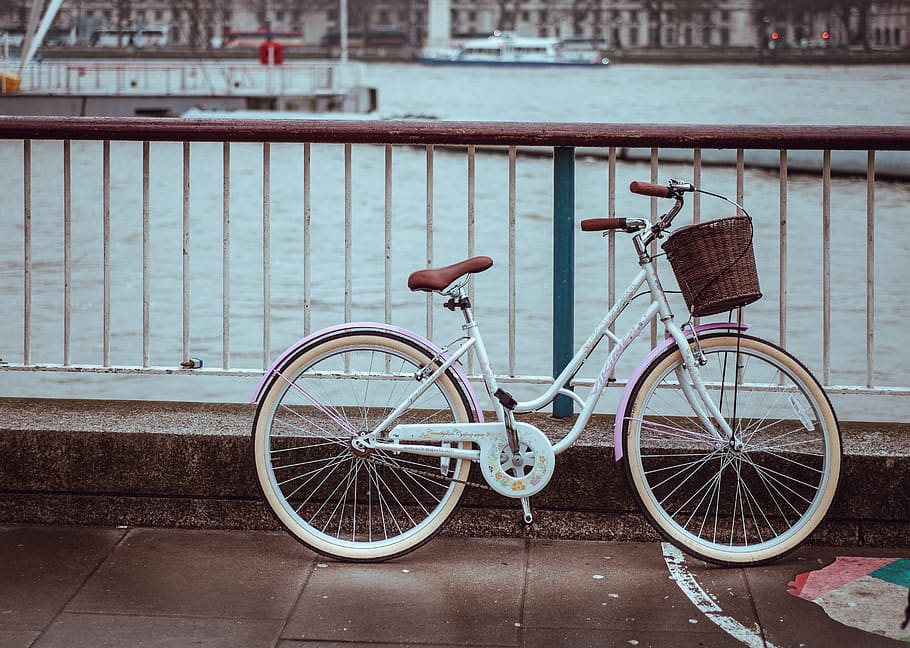 bike, bicycle, basket, sea, water, steel, fence, transportation, land vehicle, mode of transportation