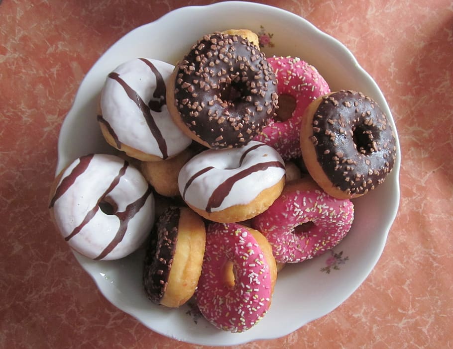 assorted doughnuts, donuts, pastries, cake, chocolate, eat, bake, brown, coffee wreath, tea party
