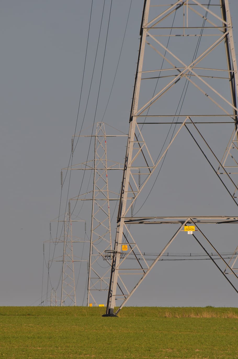 electricity pylon, field, electricity, power, pylon, sky, energy, electric, voltage, tower