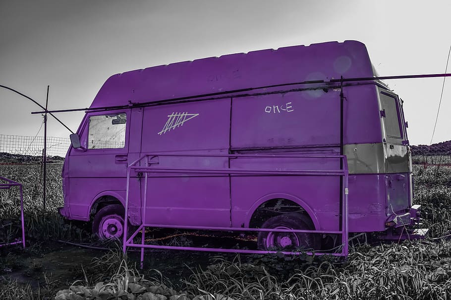 car, van, vehicle, abandoned, meadow, purple, color, transportation, mode of transport, land vehicle