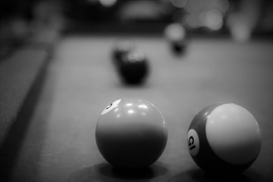 billiards, black and white, ball, pool ball, sport, pool table, table, number, focus on foreground, sphere