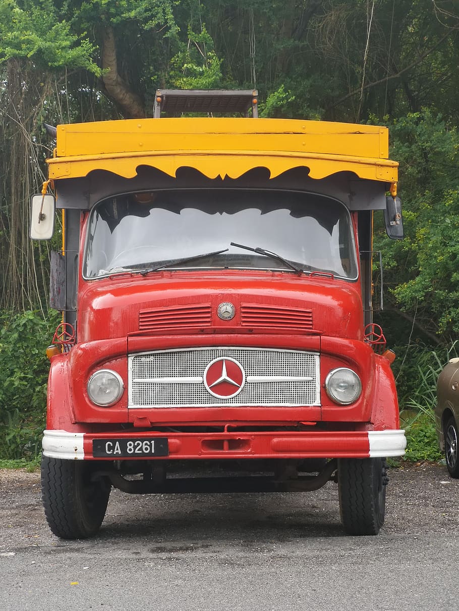 red, yellow, lorry, truck, mercedes, malaysia, ipoh, colour, transport, colourful