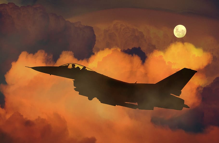silhouette, fighter jet, clouds, air plane, fighter, night sky, moon, aircraft, military, war