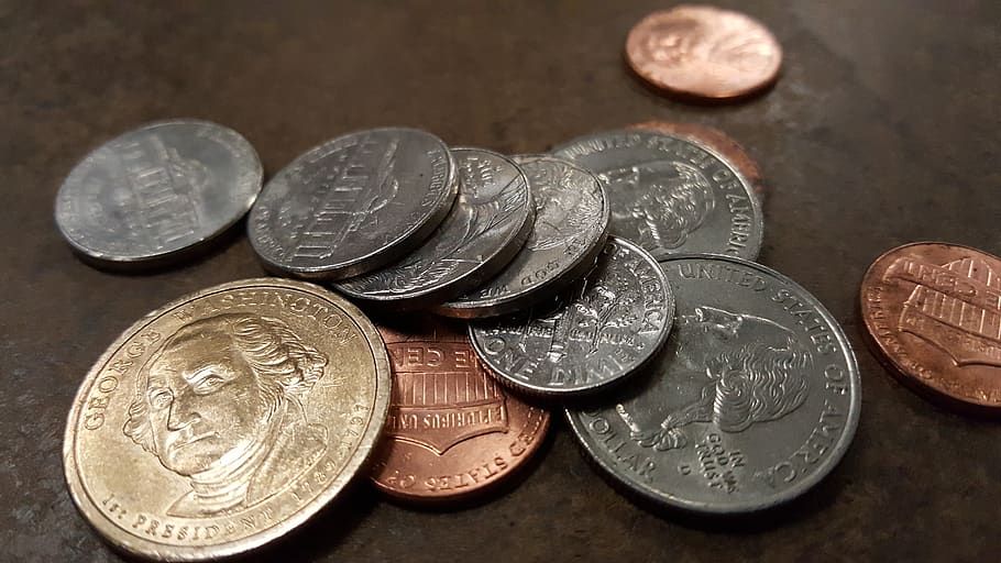 coins, finance, saving, us dollar, quarter, nickel, penny, cent, money, federal