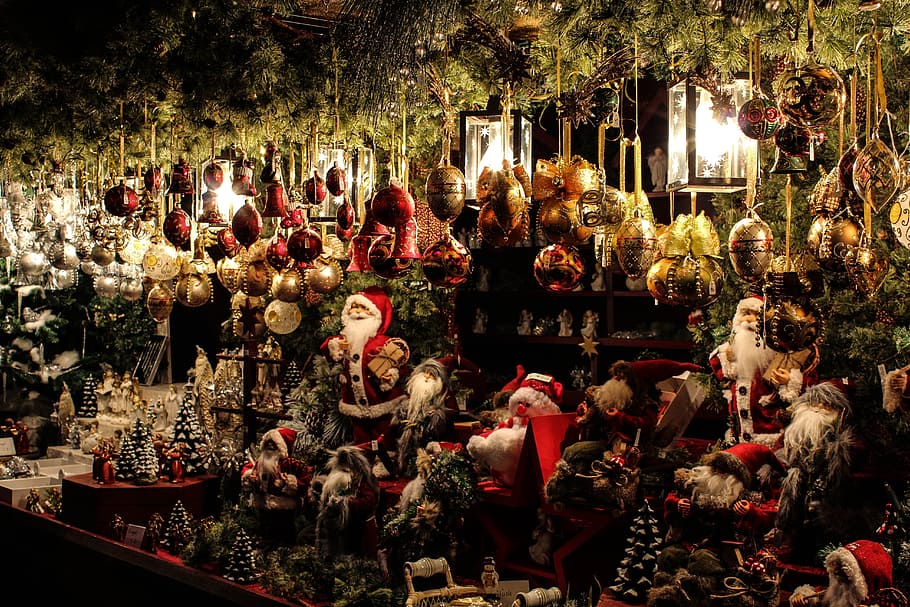 assorted christmas decor, christmas market, stand, christmas stand, sale, christmas decoration, christmas, atmosphere, human representation, plant