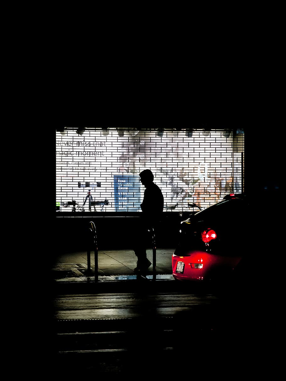 silhouette, man, sitting, red, car, dark, night, people, waiting, alone