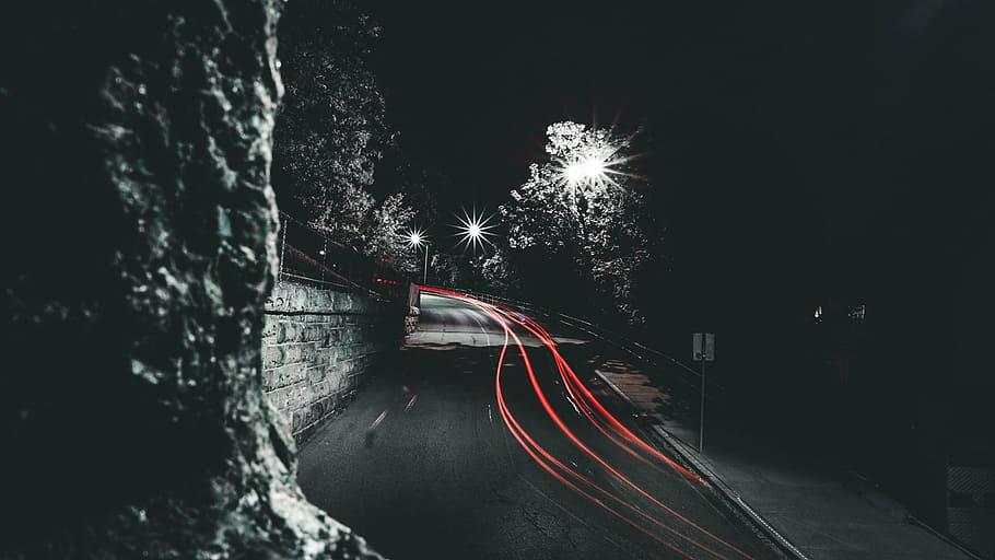 time lapse photography, road, trees, black, white, asphalt, street, cars, black and white, red