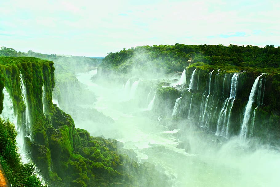 cênica, foto, iguazu, cai, enevoado, Cataratas do Iguaçu, Brasil, cachoeira, natureza, rio