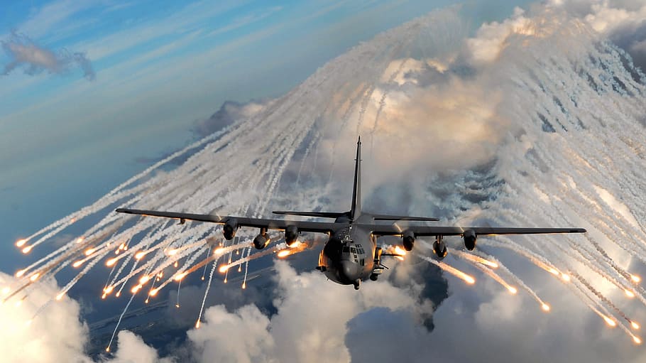black, plane, white, clouds, military aircraft, flares, drop, flight, turboprop, c-130