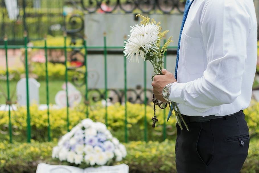 man, holding, white, flowers, Funeral, Adios, Bye, Memory, Death, peace
