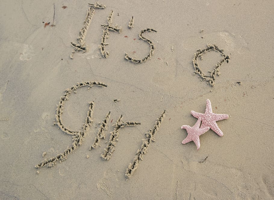 girl shore sand, engraved, sand, starfish, pink, beach, words, writing, it's a girl, sea