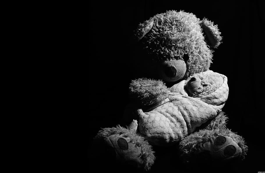 grayscale photography, brown, bear, plush, toy, carrying, baby, mama, mummy, teddy bear