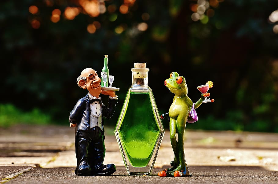 waiter, frog, chick, beverages, bottle, alcohol, figures, drink, benefit from, cute