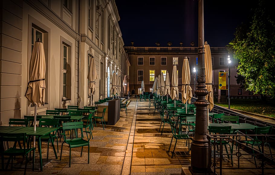night, evening, building, light, illuminated, chairs, dining tables, terrace, facade, screens