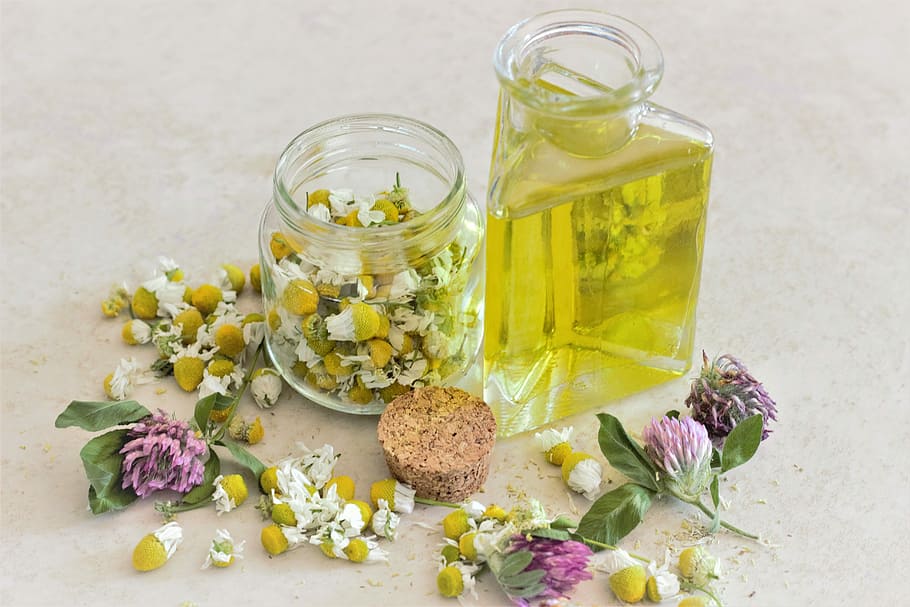 yellow, flowers, clear, mason jars, chamomile, oil, aromatherapy, herbal, treatment, massage