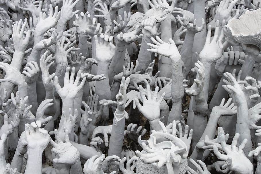 human, hands statue, grayscale photo, hands, help, migration, large group of animals, full frame, animal, day