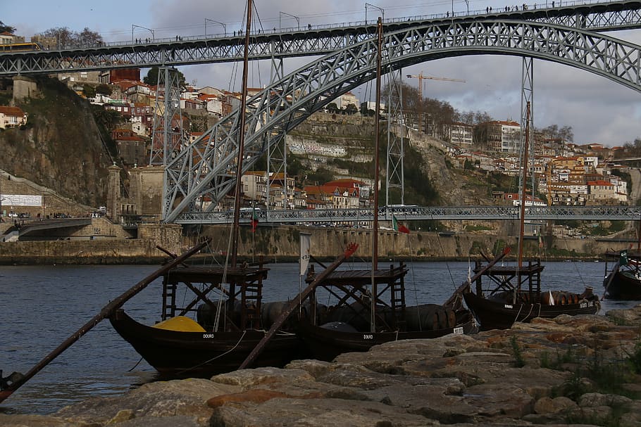bridge, porto, vessel, river douro, portugal, boat, wooden boat, architecture, transportation, built structure