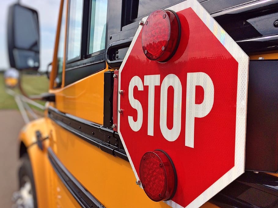 stop, signage, vehicle, bus, school, transportation, education, yellow, text, communication