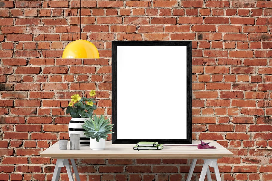 black, wooden, photo frame, white, table, mockup, interior, template, modern, space