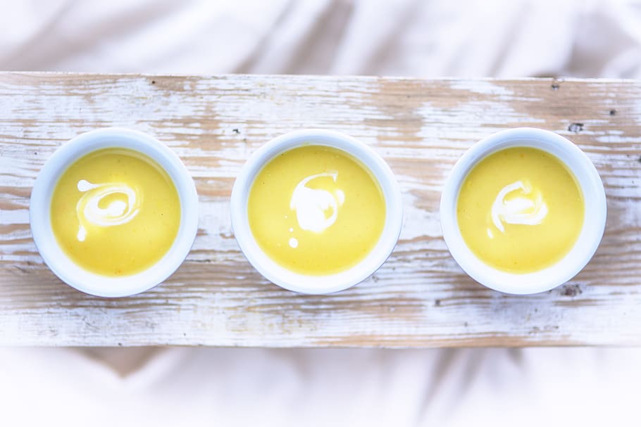 three, white-and-yellow, scented, candles, yogurt, leek, potato, soup, food, healthy