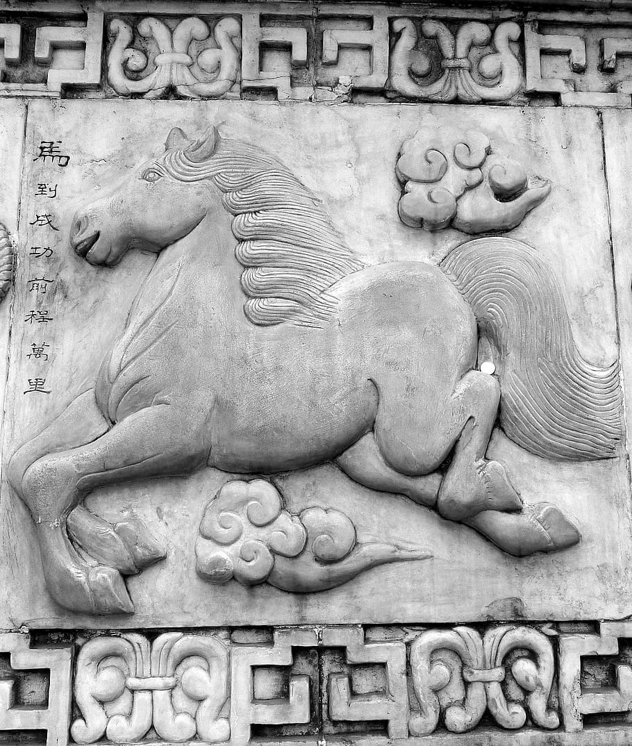 white, ceramic, horse figurine, wu, horse, chinese, chinese horoscope, symbols, stonework, stone