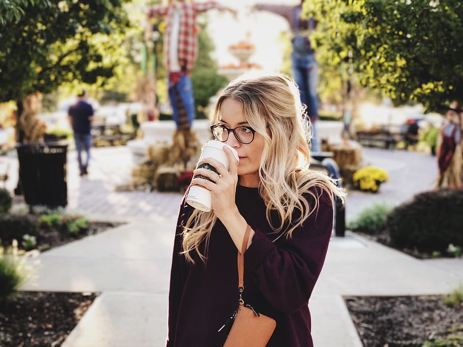 beauty, coffee, drink, fashion, girl, people, park, trees, grass, blur