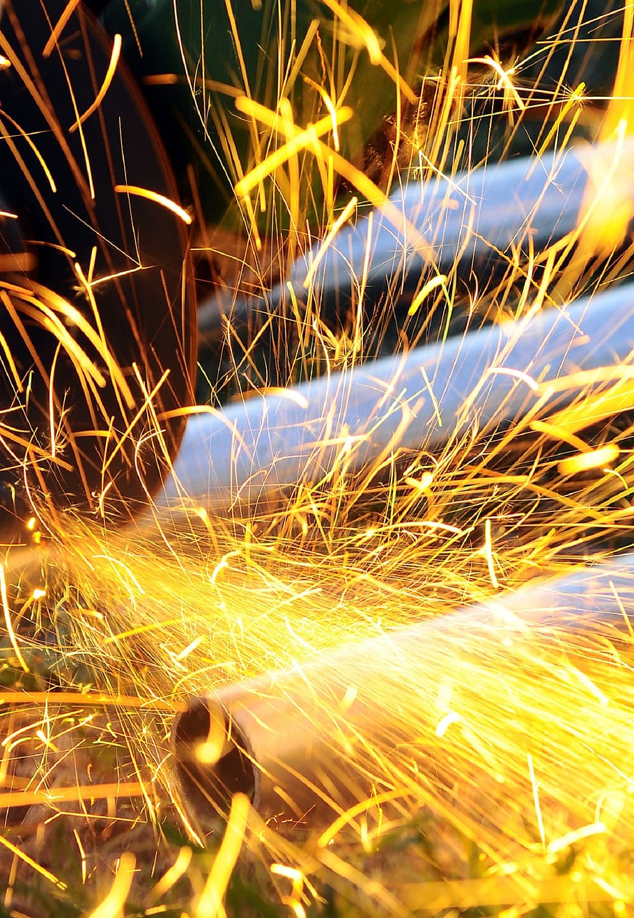 steel wire photography, sparks, construction, worker, grinding, grinder, industry, metal, military, person
