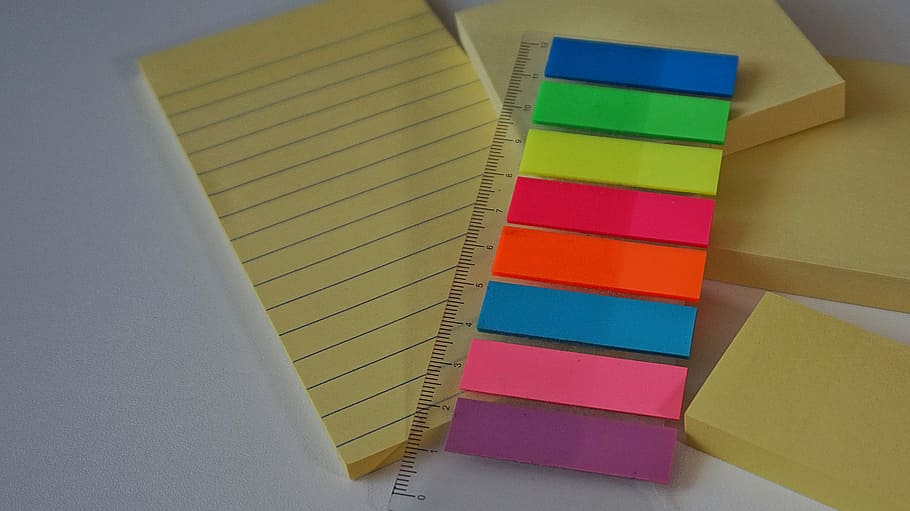 Postit, Sticky Notes, Adhesive, adhesive note, office accessories, memo pad, multi colored, indoors, yellow, variation