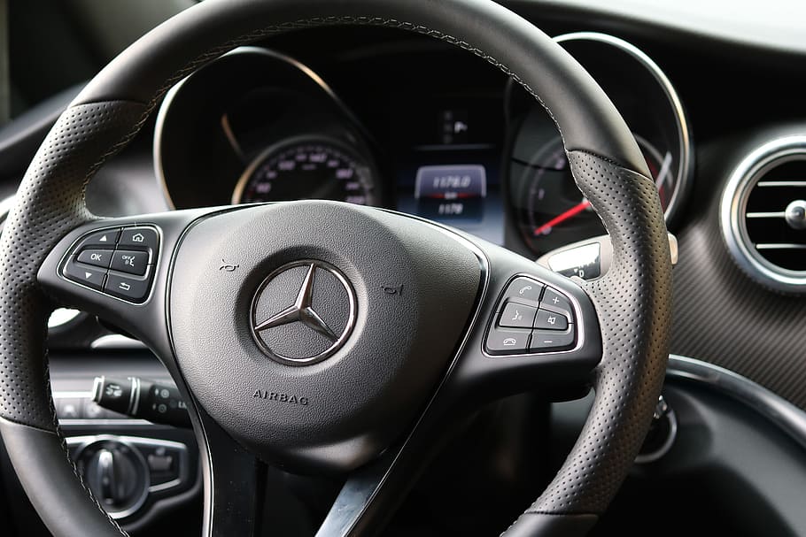 black, mercedes-benz steering wheel, leather steering wheel, mercedes, auto detail, interior, dashboard, speedometer, steering wheel, drive