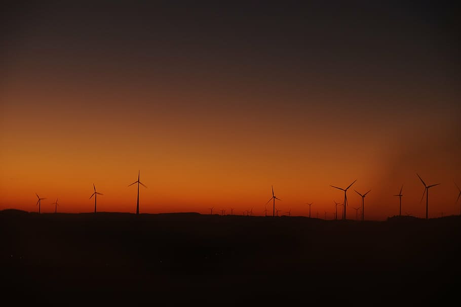 turbin angin, matahari terbenam, lanskap, gelap, malam, kincir angin, energi, angin, energi alternatif, tenaga angin