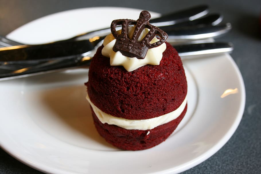 red, velvet cake, crown chocolate topper, cupcake, red cake, dessert, temptation, diet, sweet, sweet food