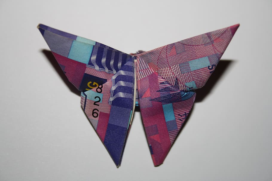 Púrpura, rosa, corbata de lazo, dólar, hong kong, mariposa, origami, hong, kong, moneda