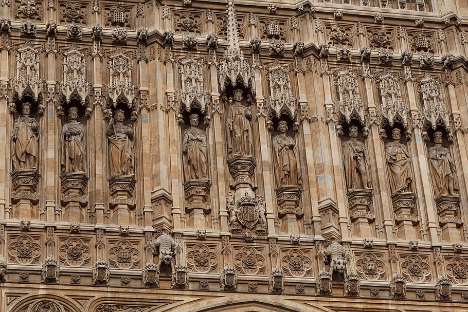 architecture, art, british, building, cathedral, church, detail, exterior, facade, figure