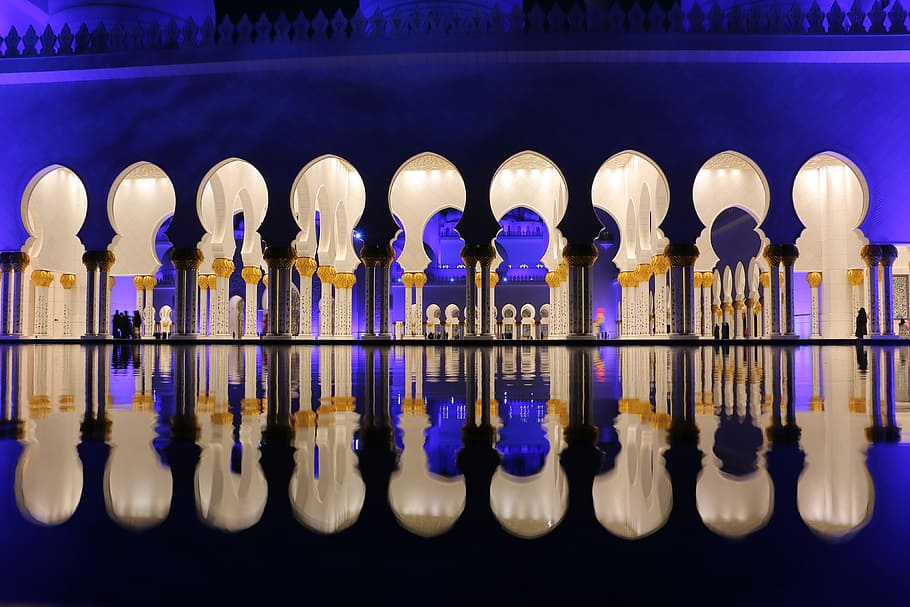 mosque building, Reflections, mosque, building, architecture, islam, muslim, bottle, in a row, indoors