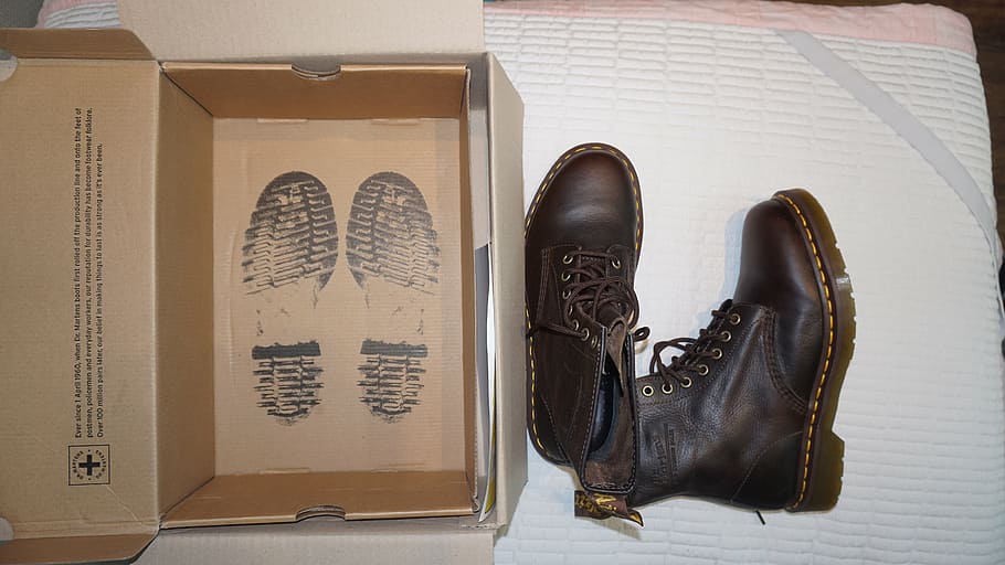 dr martin, shoes, walkers, shoe, leather, indoors, box, home interior, high angle view, boot