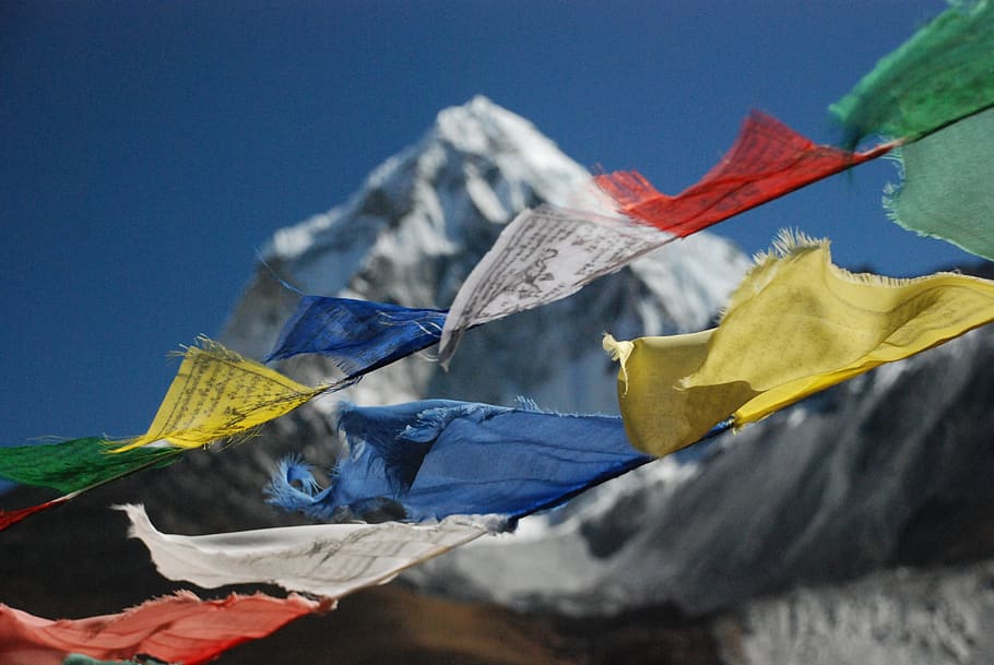 the himalayas, nepal, prayer flags, tibetan flags, sky, flag, nature, blue, mountain, paper